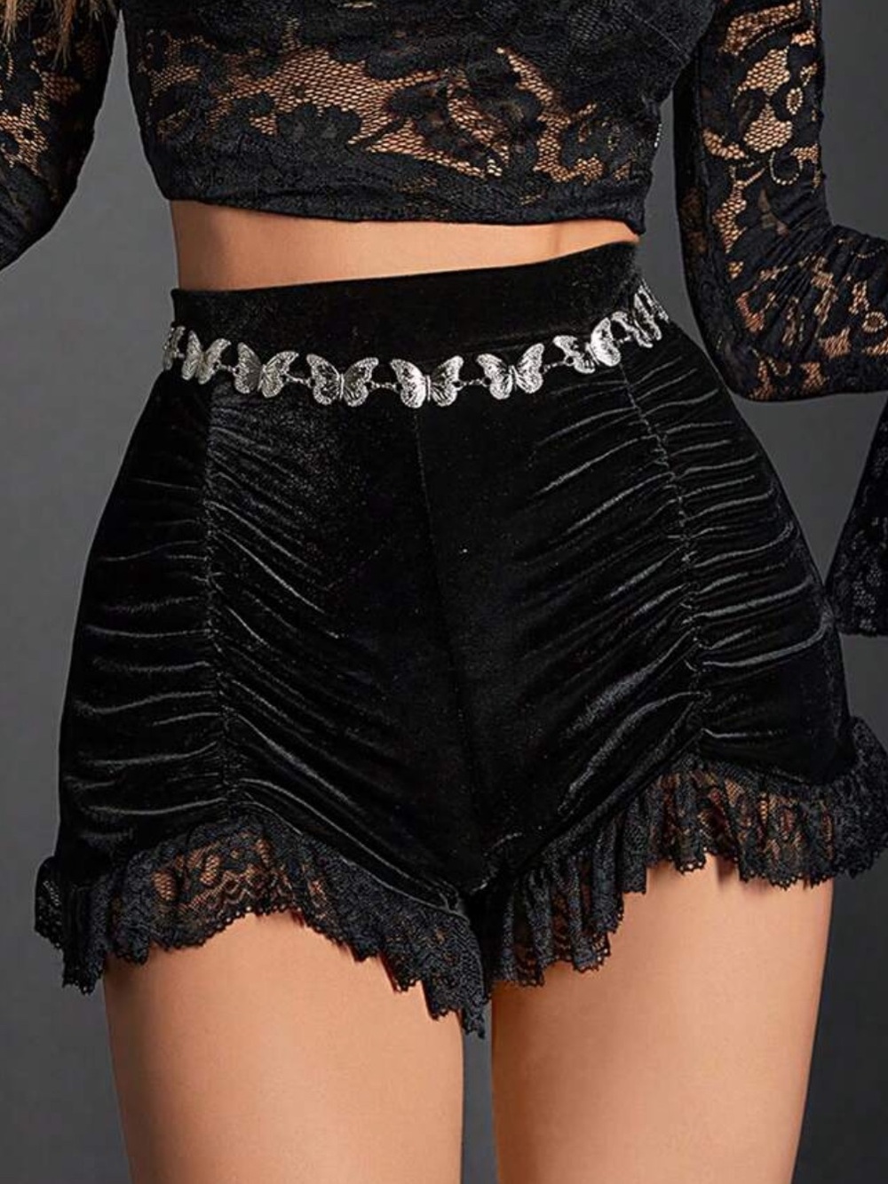 Gothic Lace Ruched Ruffle Hem Velvet Shorts